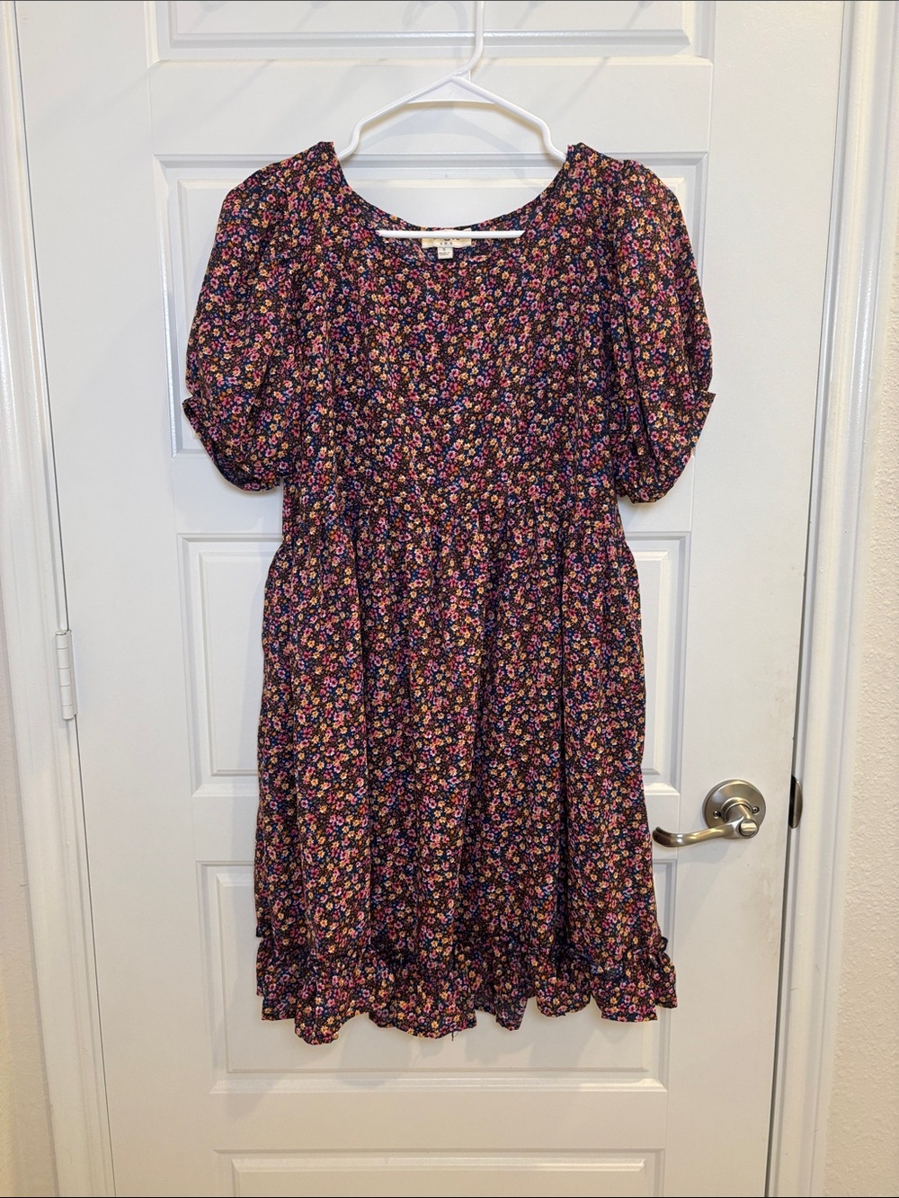 Umgee Floral Puff Sleeve Ruffle Hem Midi Dress Size Small